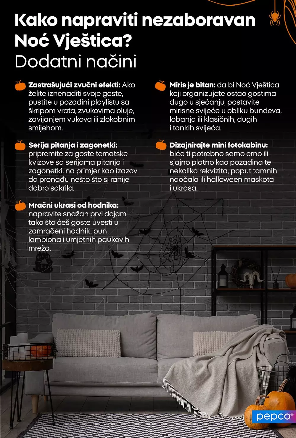 Infografika sa savjetima za organizaciju Noć vještica zabave, prikazana uz dnevnu sobu sa Halloween dekoracijama.