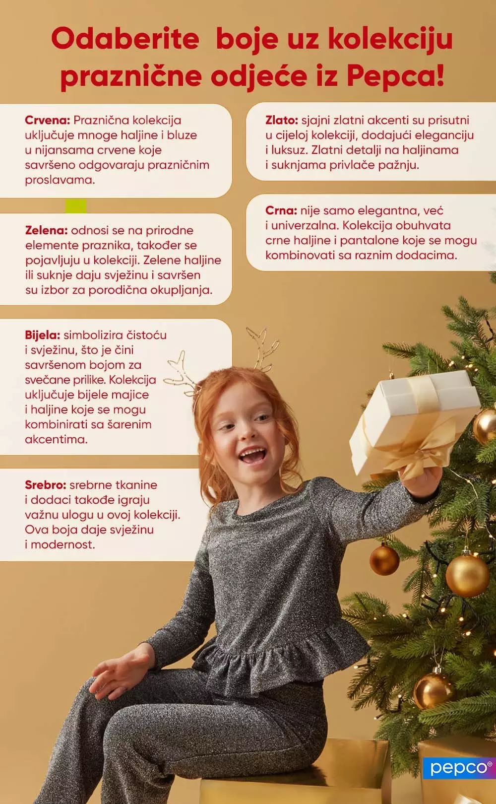 Djevojčica u sivoj haljini drži poklon pored božićnog drvca, Pepco promotivni materijal.