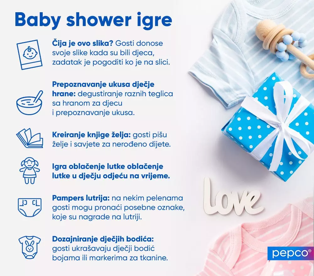 Beba odjeća, drvena igračka za zubiće i plavi poklon sa tačkicama prikazani za baby shower.