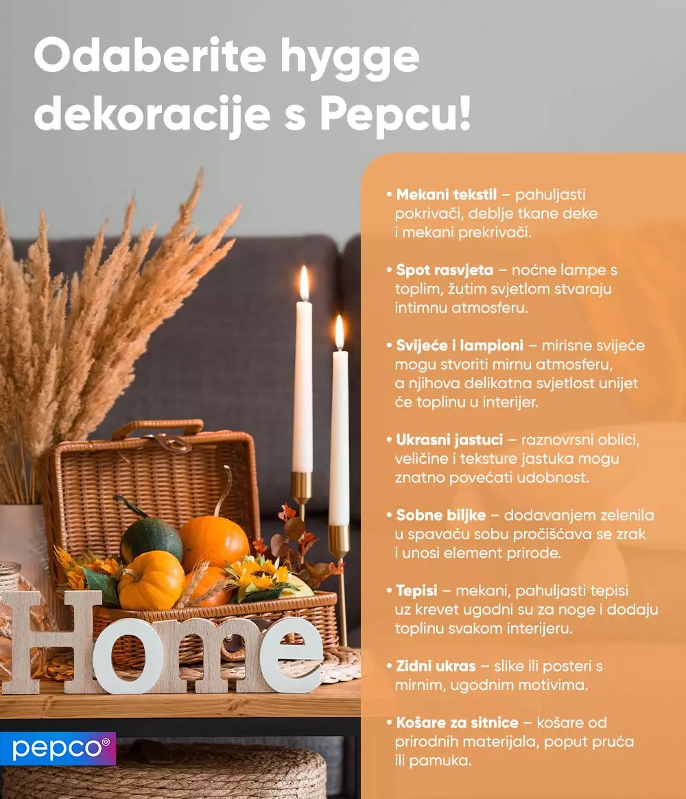 Jesenja dekoracija sa pletenom korpom, bundama, svijećama, natpisom "Home" i Pepco logom.