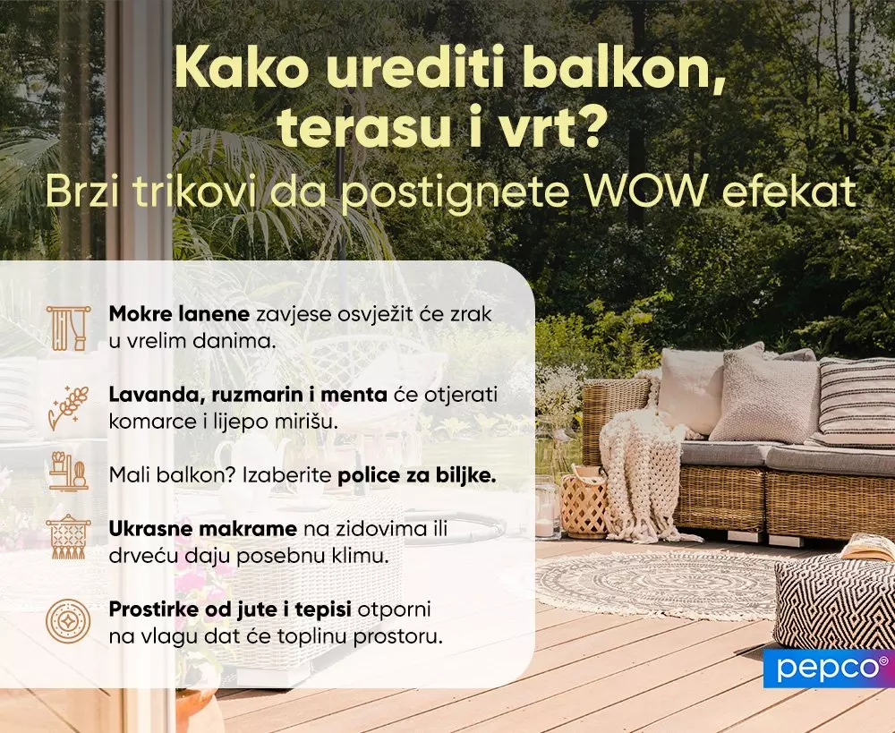 Infografika sa savjetima za uređenje balkona i vrta sa slikom namještane terase i logom pepco.