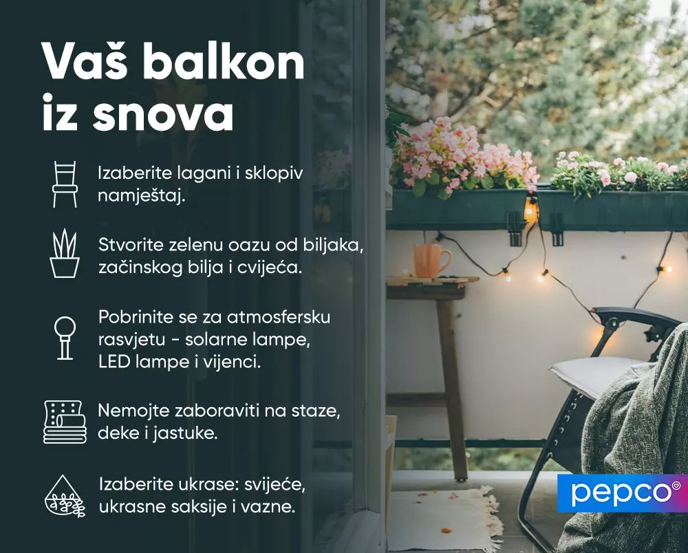 Uređen balkon sa cvijećem, lampicama i stolicom, uz Pepco savjete za uređenje balkona.