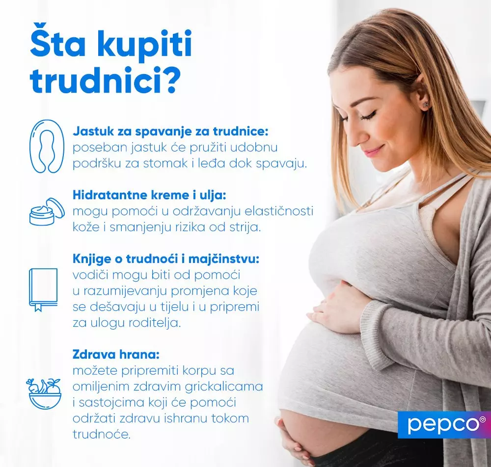 Trudnica u sivoj odjeći nježno drži stomak, pored teksta sa savjetima o kupovini za trudnice.
