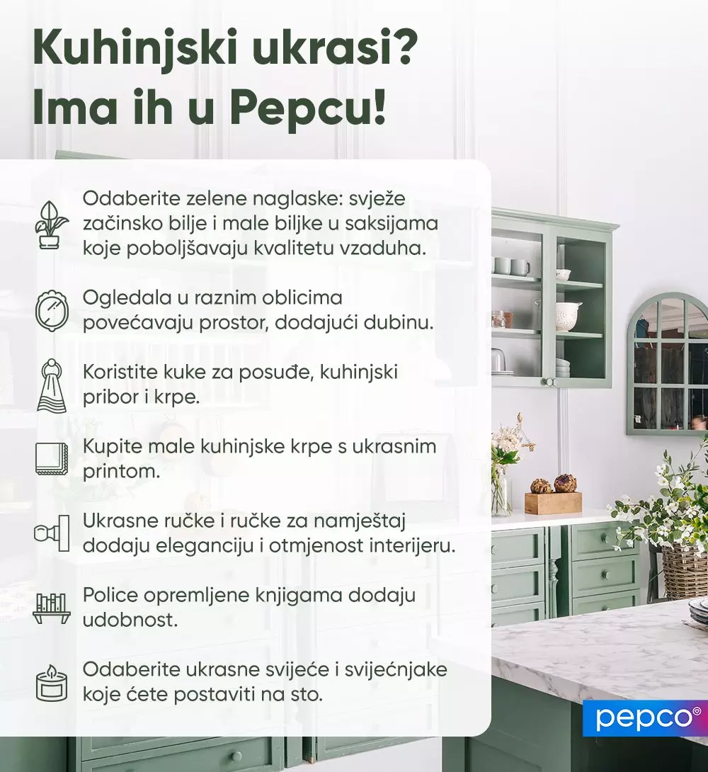 Infografika s prikazom kuhinjskih ukrasa i savjeta uz sliku moderne kuhinje sa zelenim ormarićima.