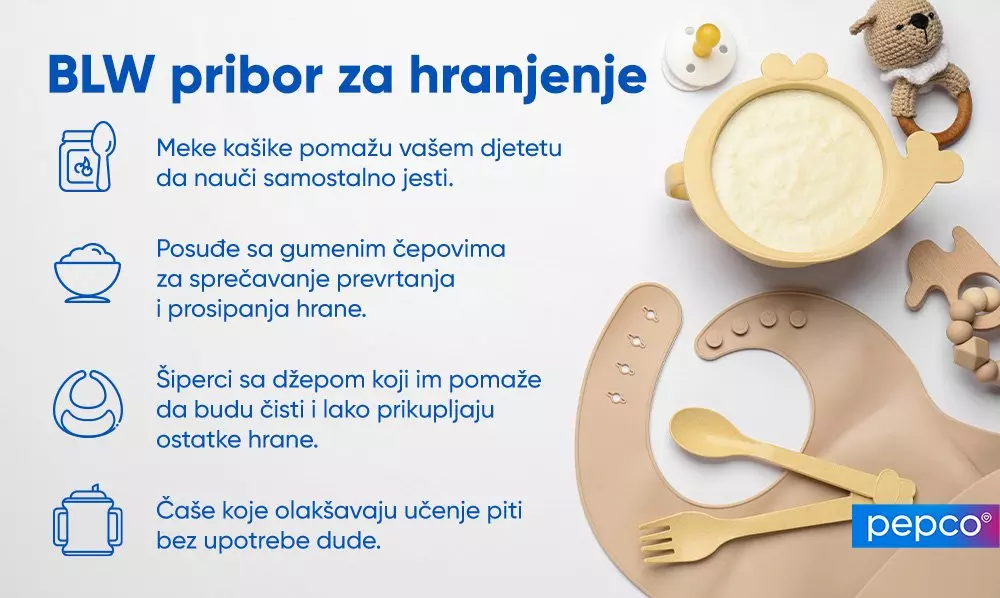 Pepco pribor za hranjenje beba uključujući činiju, tanjir, pribor za jelo i igračke u bež i žutim tonovima.