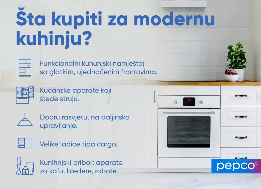 Moderna bijela kuhinja s ugrađenom rерnom i Pepco logom, sa tekstom o kupovini kuhinjskih elemenata.