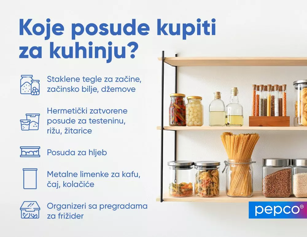 Infografika sa tekstom na bosanskom o posudama za kuhinju, prikazuje police sa teglama i organizerima.
