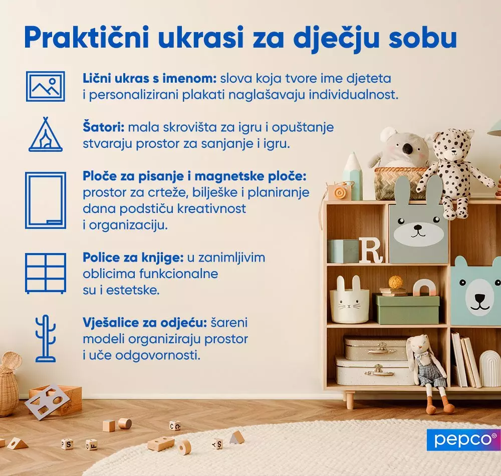 Dječja soba s drvenom policom punom igračaka, plišanih životinja i kutija za odlaganje.