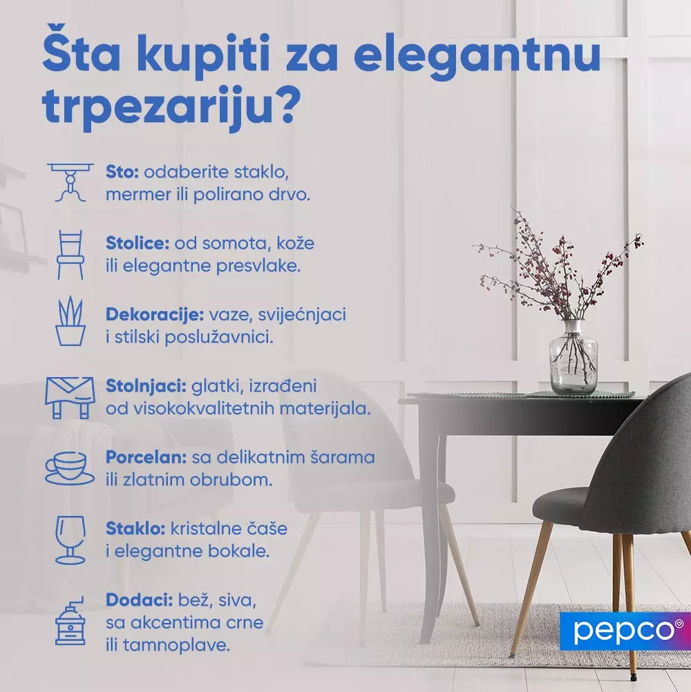 Infografika sa savjetima za kupovinu namještaja za trpezariju, sa stolom, stolicom i vazom u pozadini.