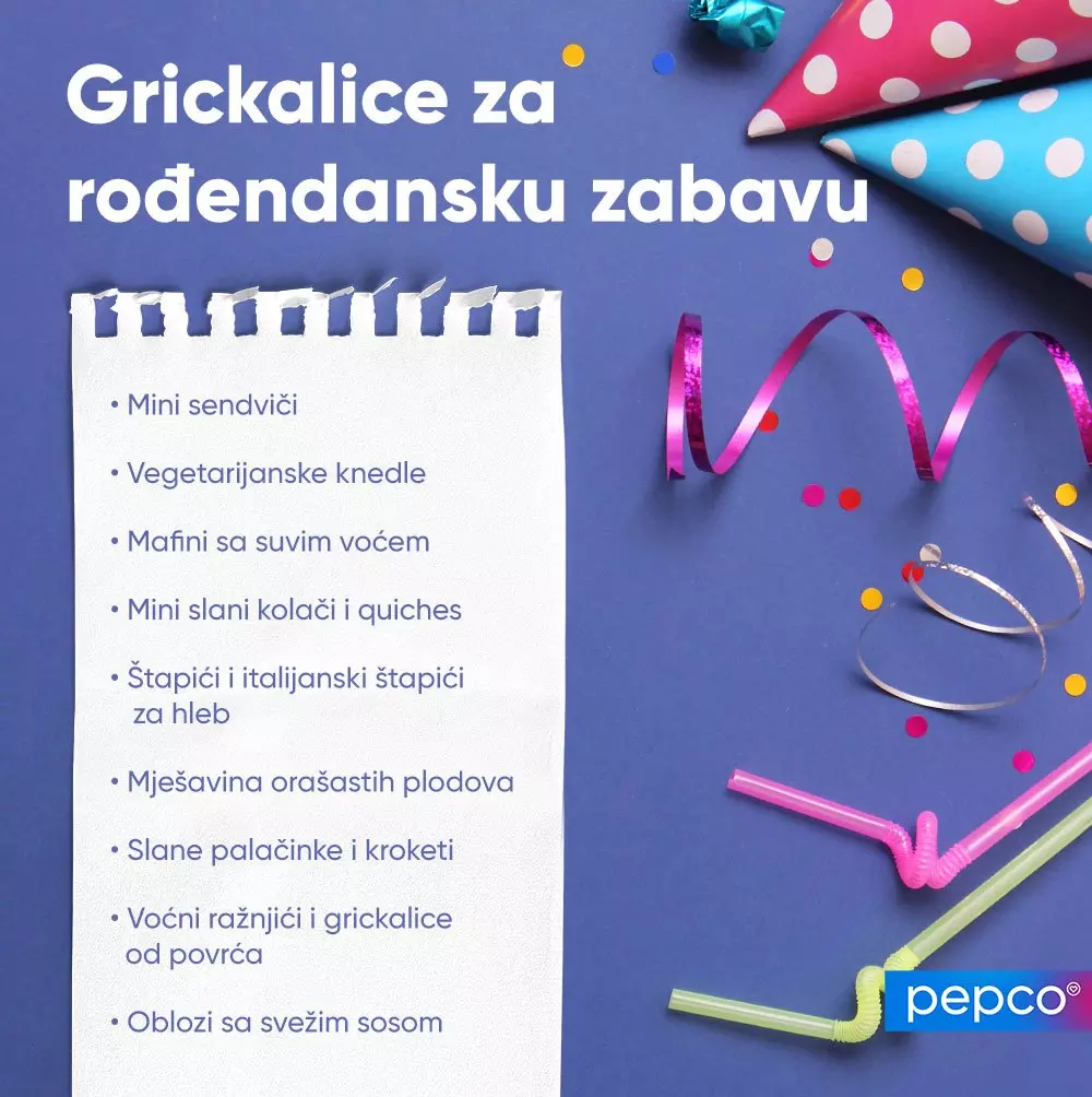 Grickalice za rođendansku zabavu sa šarenim ukrasima, konfetama i pepco logom.