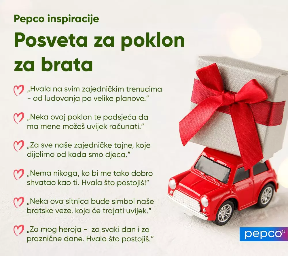 Crveni autić sa poklonskom kutijom s crvenom mašnom na krovu, Pepco inspiracija za poklon za brata.