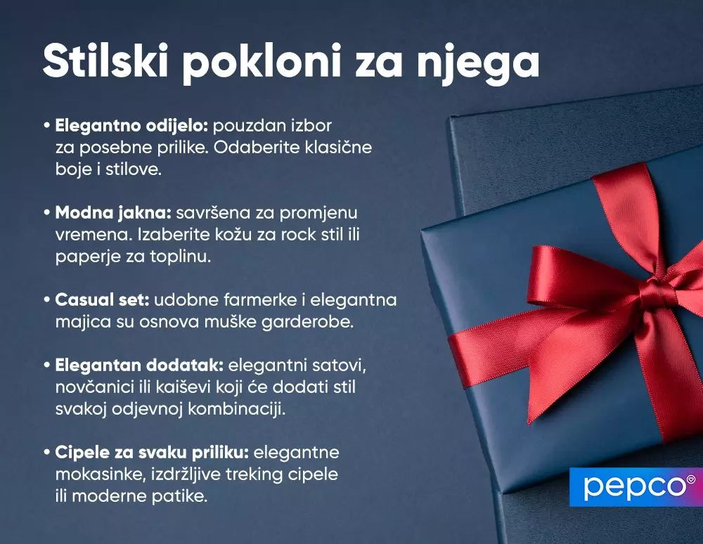 Plavi poklon paketi sa crvenim mašnama uz tekst o stilskim poklon idejama za njegu.