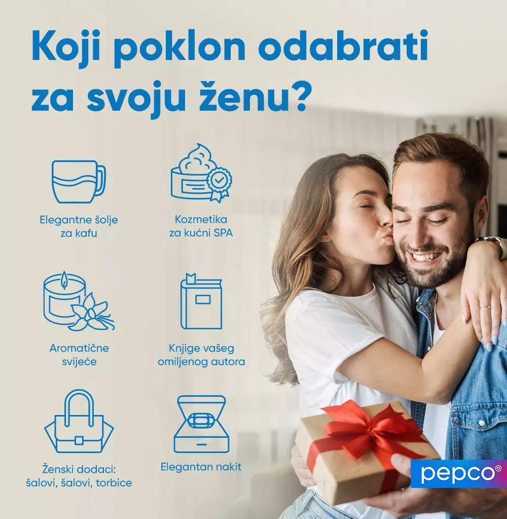 Par grli dok žena drži poklon, pored ikona proizvoda sa tekstom o idejama za poklon za ženu.