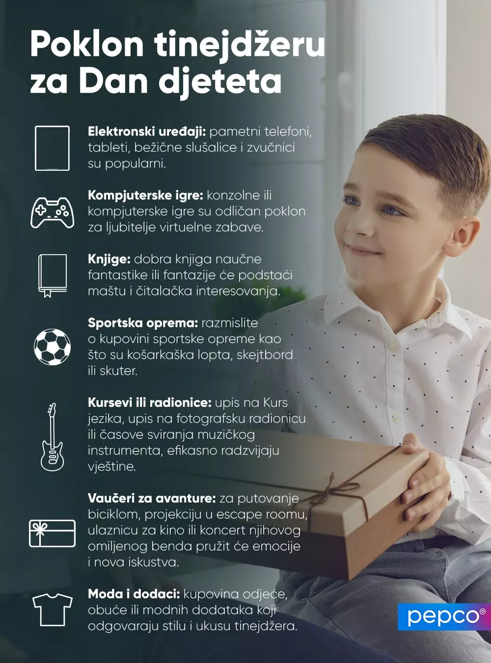 Dječak drži poklon dok sjedi, infografika prikazuje ideje za poklone za Dan djeteta.