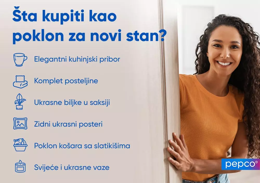 Žena u narandžastoj majici stoji pored liste prijedloga za poklon za novi stan.