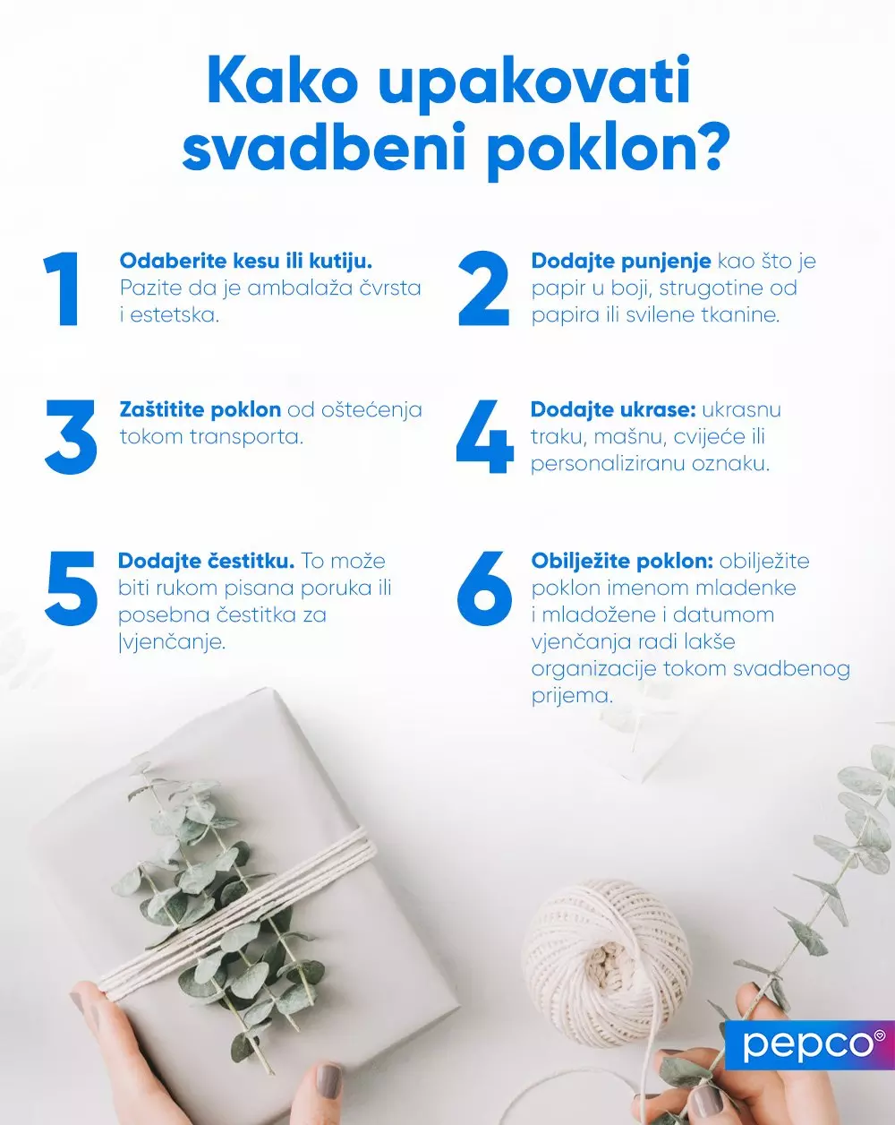 Infografika sa šest koraka za pakovanje svadbenih poklona, prikazuje umotan poklon sa eukaliptusom.