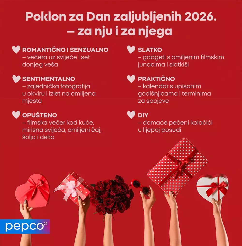 Ruke drže poklone i ruže za Dan zaljubljenih, prikazan tekst s idejama za poklon.