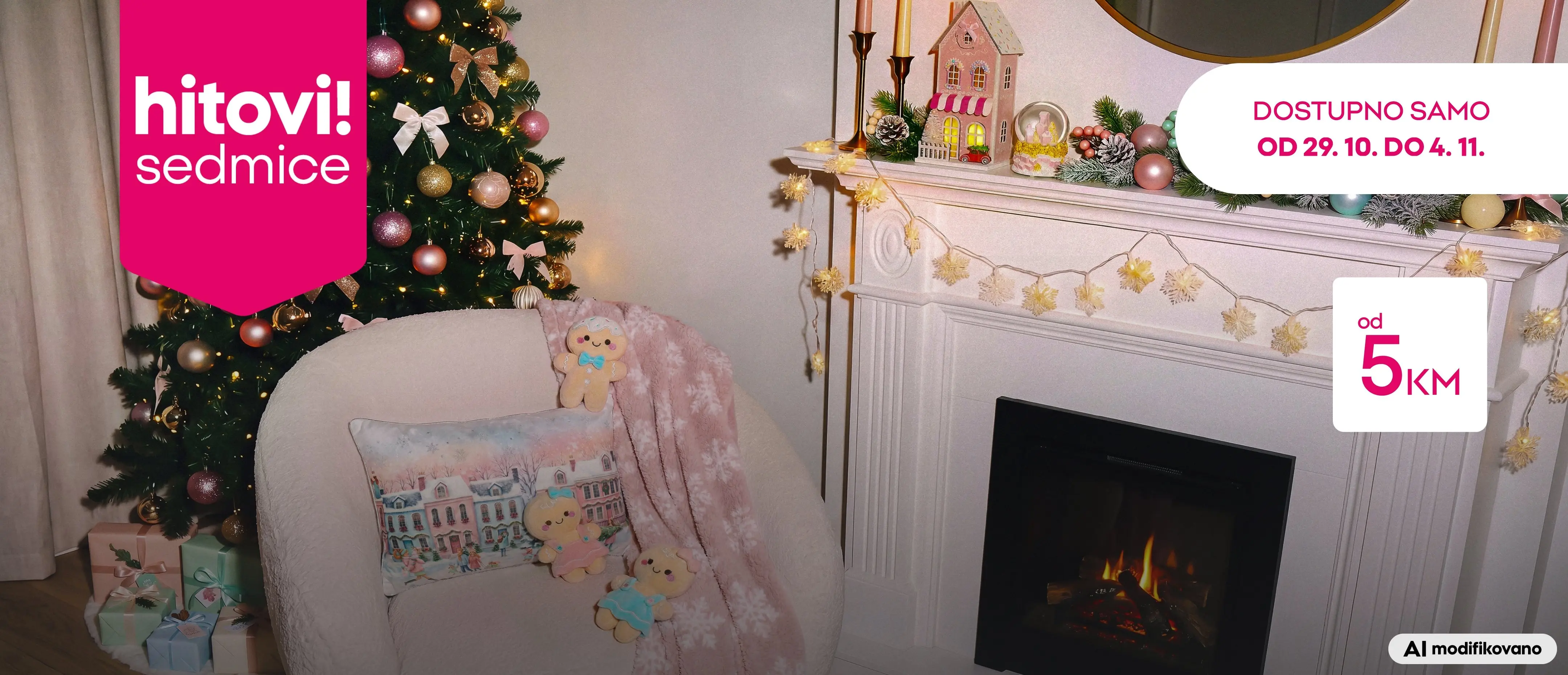 Pepco festive living room with decorated Christmas tree, fireplace garland lights and cosy chair with cushions.
