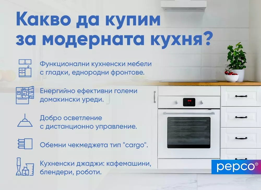 Модерна бяла кухня с вградена фурна и списък с характеристики на кухненско обзавеждане от Pepco.