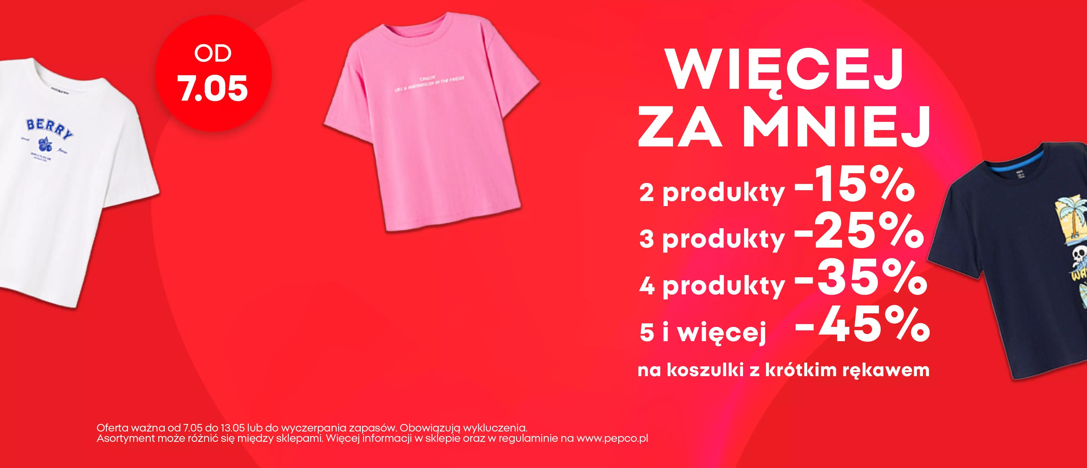 Promocja koszulek z krótkim rękawem z rabatami od 15% do 45% przy zakupie wielu sztuk.