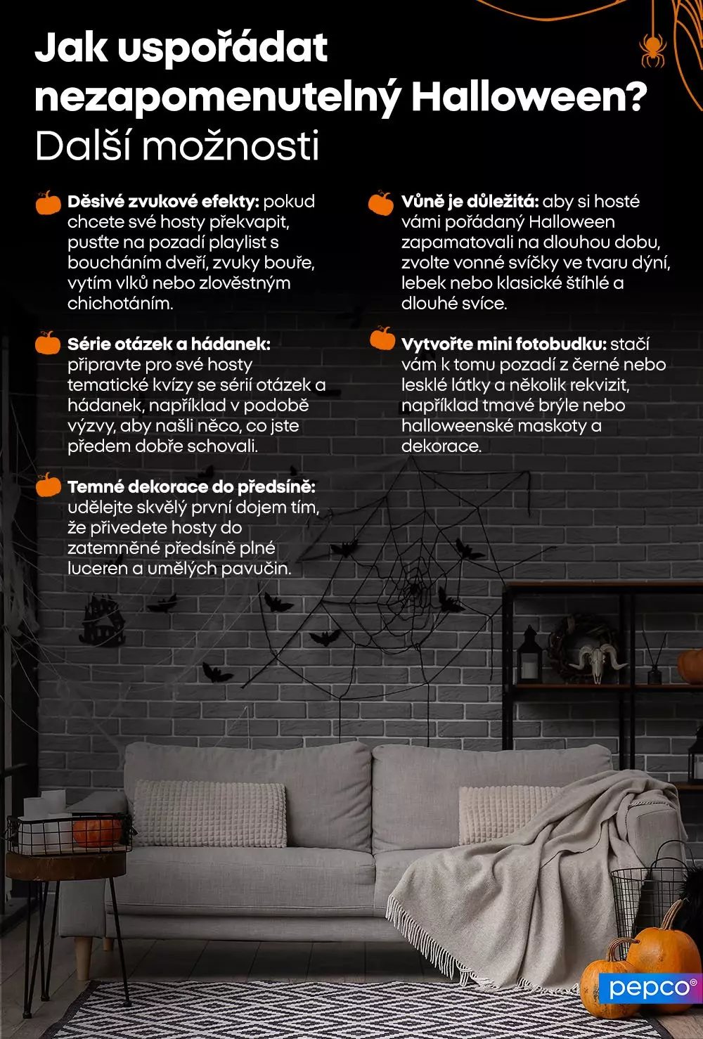 Infografika s tipy na uspořádání halloweenské párty včetně dekorací, zvukových efektů a aktivit pro hosty od Pepco.