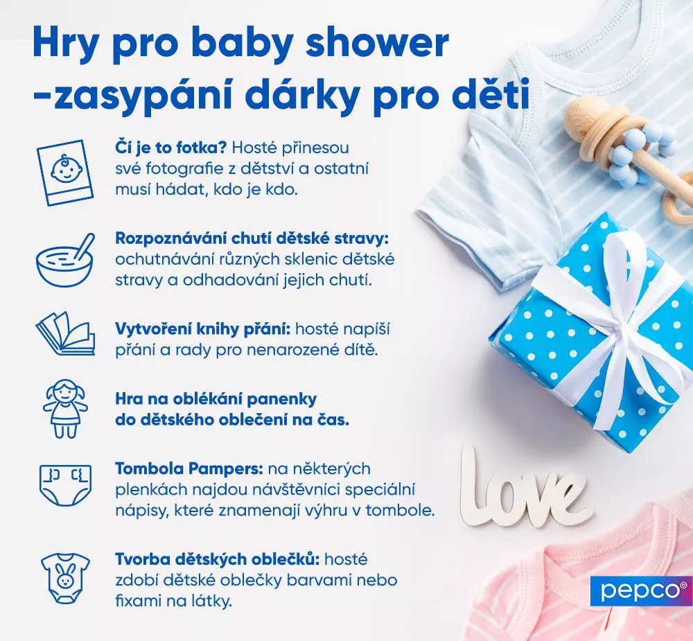 Seznam her pro baby shower s dárky, dětským oblečením a dřevěnou hračkou v modrých a růžových barvách.