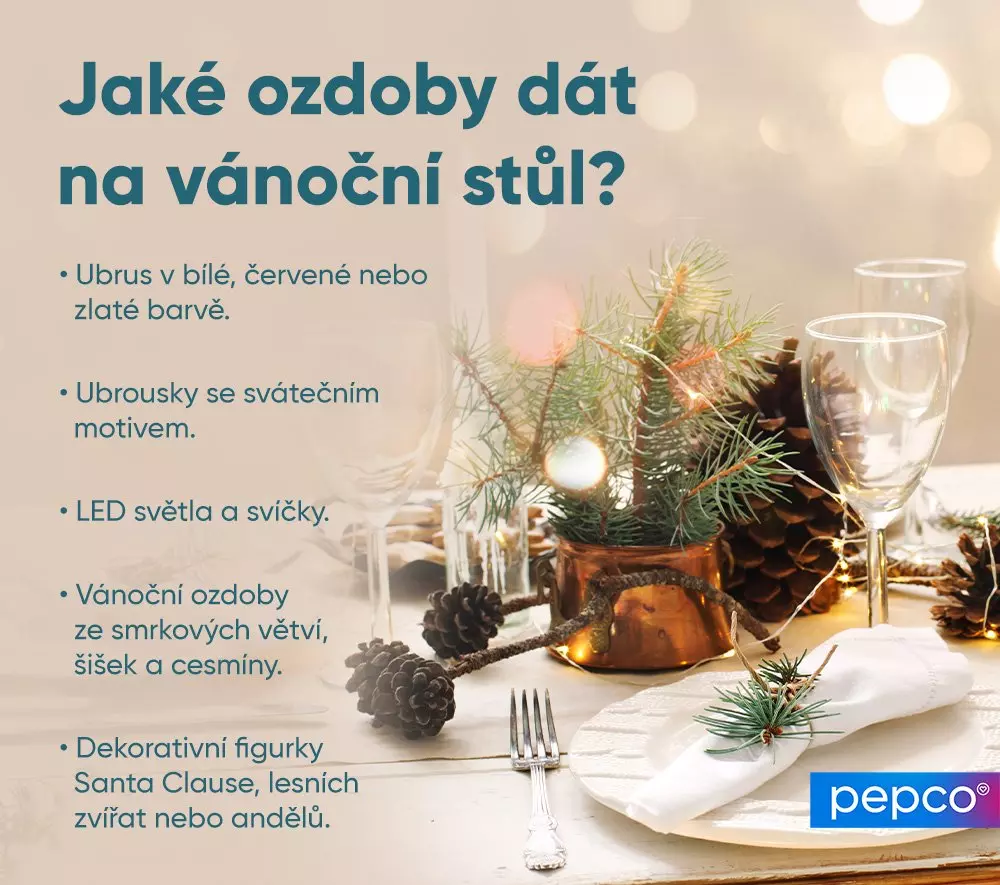 Slavnostní vánoční stůl s dekoracemi z jehličí, šišek a svítidel. Tipy na ozdoby včetně ubrusů a figurek od Pepco.