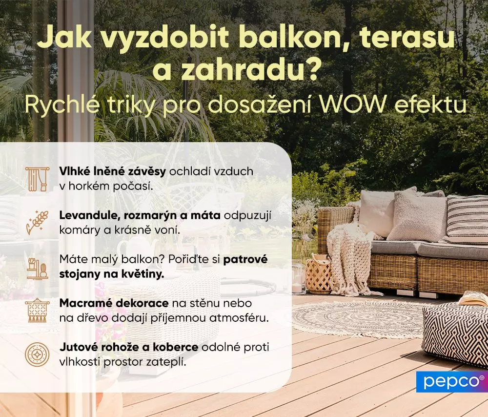 Útulná venkovní terasa s ratanovým nábytkem a tipy pro dekoraci balkonu, terasy a zahrady od Pepco.