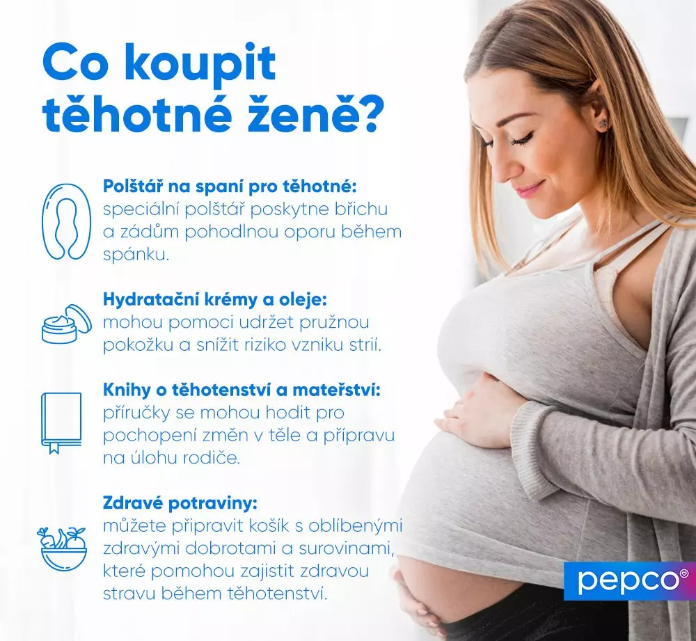 Infografika s tipy na dárky pro těhotné ženy včetně polštáře na spaní, krémů a knih od značky Pepco.