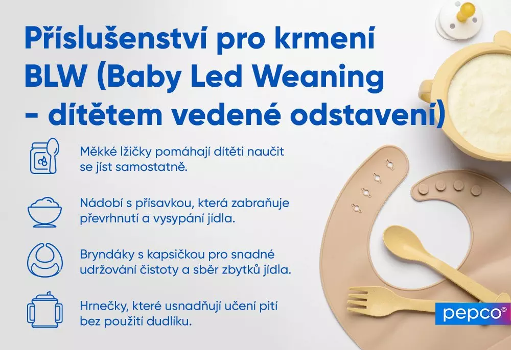 Informační grafika o příslušenství pro BLW krmení s dětským nádobím včetně misky, lžičky a bryndáku v béžových tónech.
