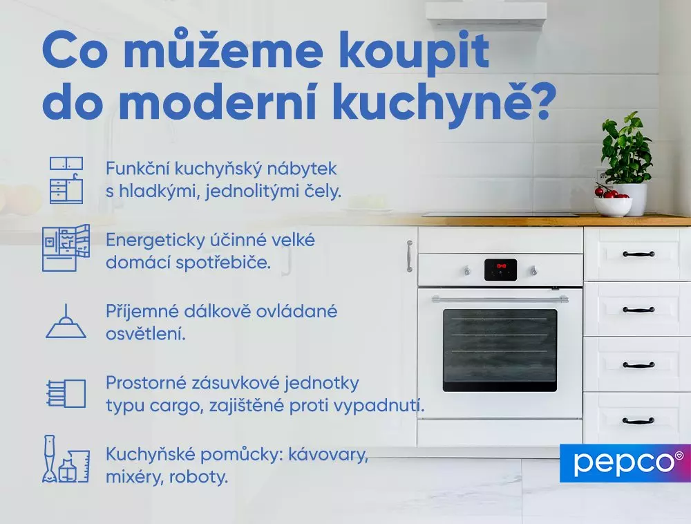 Moderní bílá kuchyně s vestavěnou troubou a seznamem doporučeného vybavení pro moderní kuchyň od společnosti Pepco.