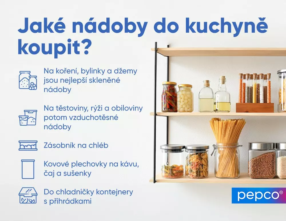 Průvodce různými druhy kuchyňských nádob od Pepco, zobrazující skleněné nádoby na koření a potraviny na dřevěných policích.