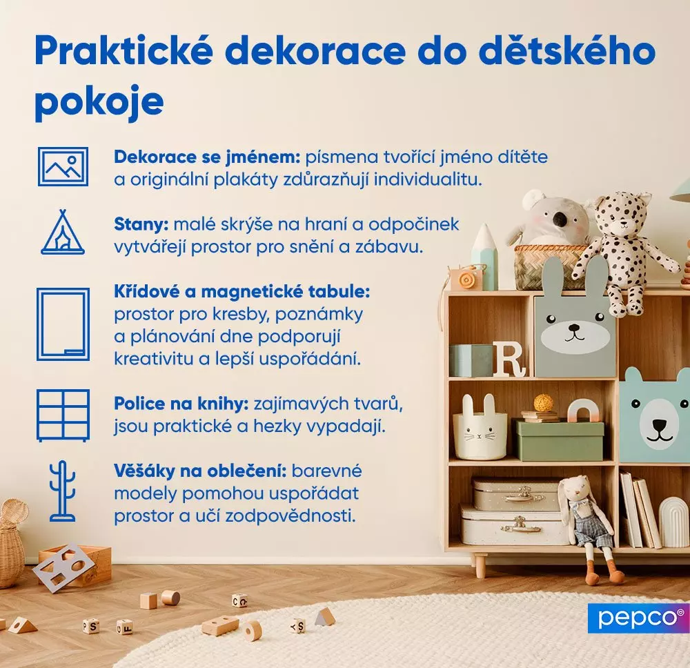Infografika s nápady na praktické dekorace do dětského pokoje s ukázkou dřevěného regálu s hračkami a úložnými boxy.