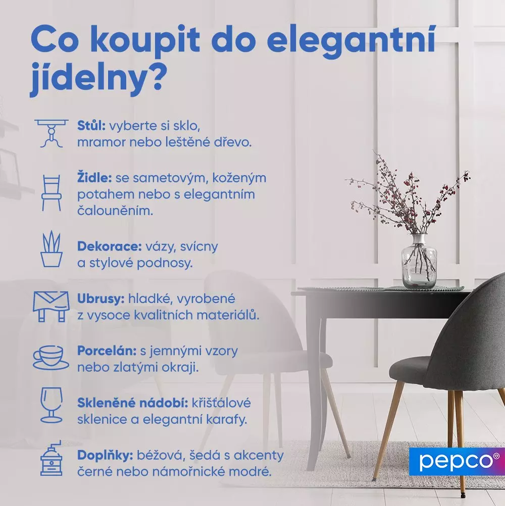 Infografika od Pepco s tipy pro elegantní jídelnu včetně nábytku, dekorací a doplňků, s vázou na stole v pozadí.