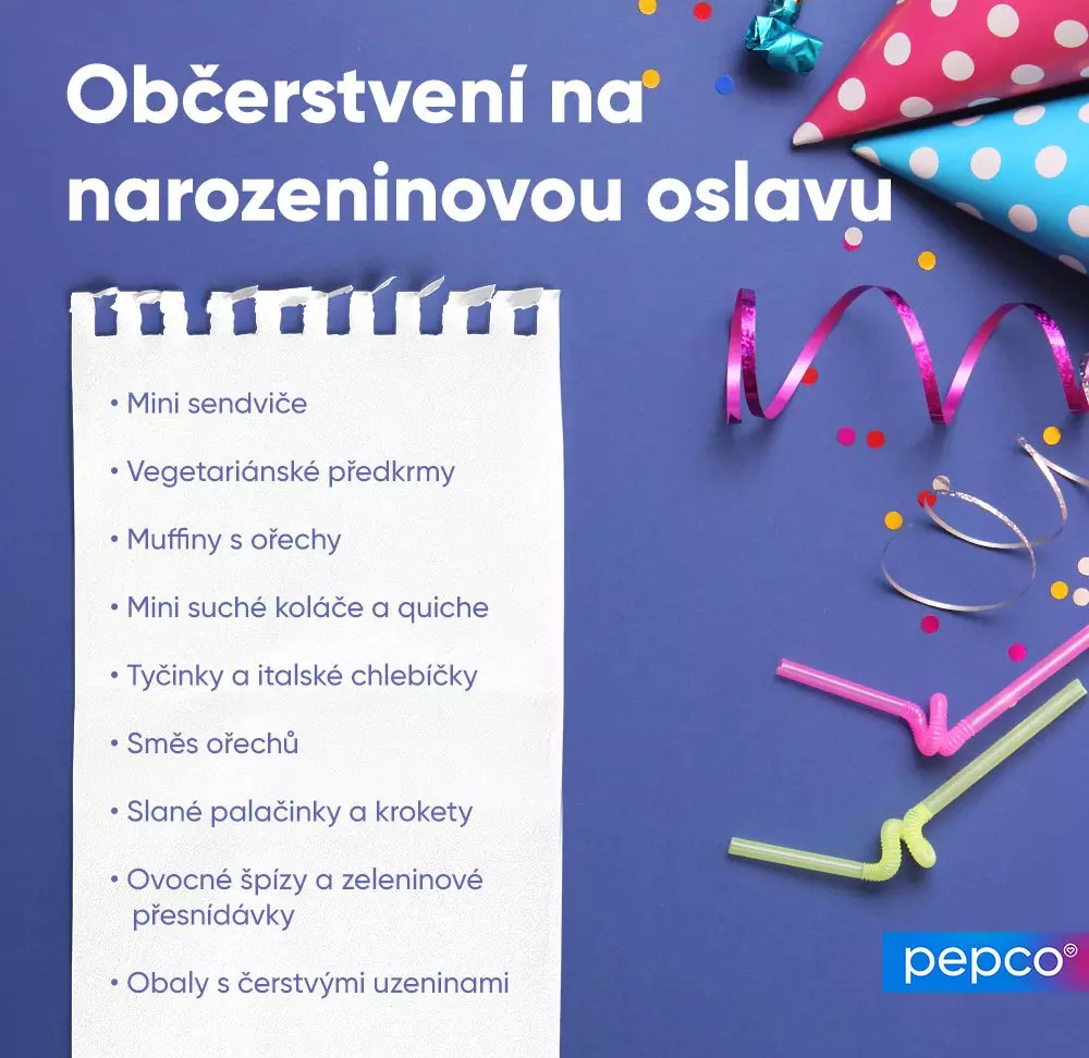 Nabídka občerstvení na narozeninovou oslavu s menu a dekorativními prvky jako jsou kloboučky a stuhy od Pepco.