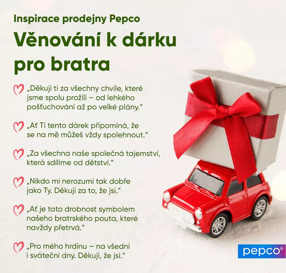 Červený model auta s dárkem převázaným červenou stuhou a nápisy s inspirací pro dárkové věnování bratrovi od Pepco.