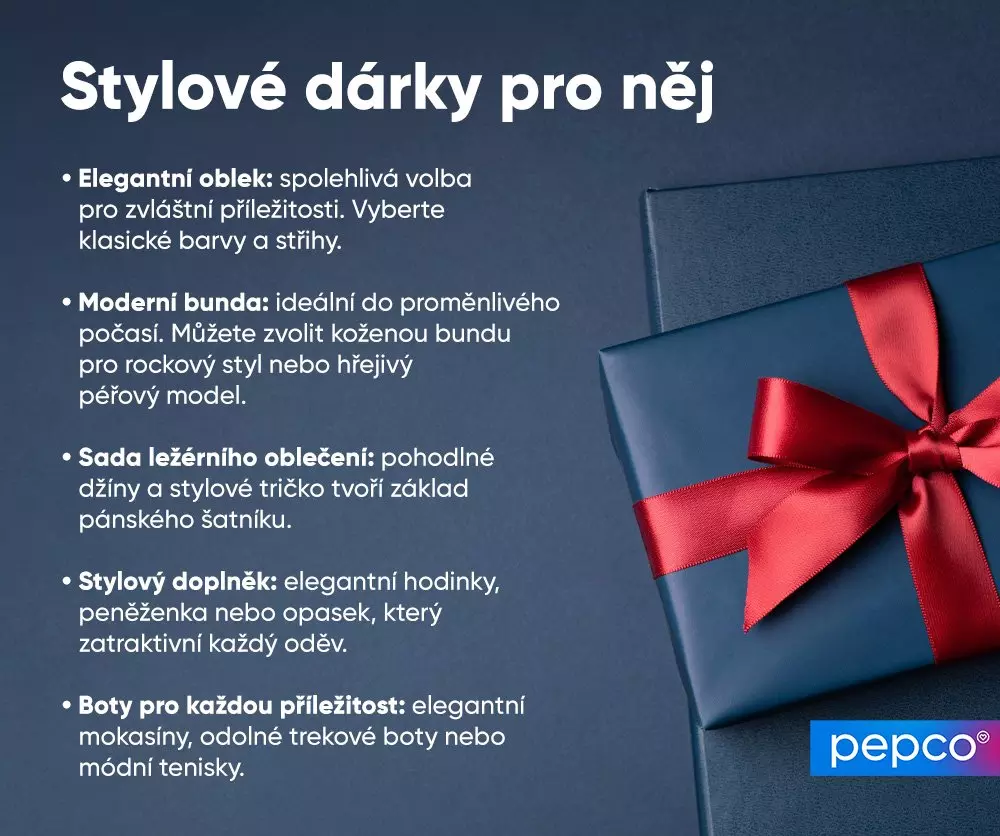 Modrý dárkový balíček s červenou stuhou vedle seznamu stylových dárků pro muže od značky Pepco.