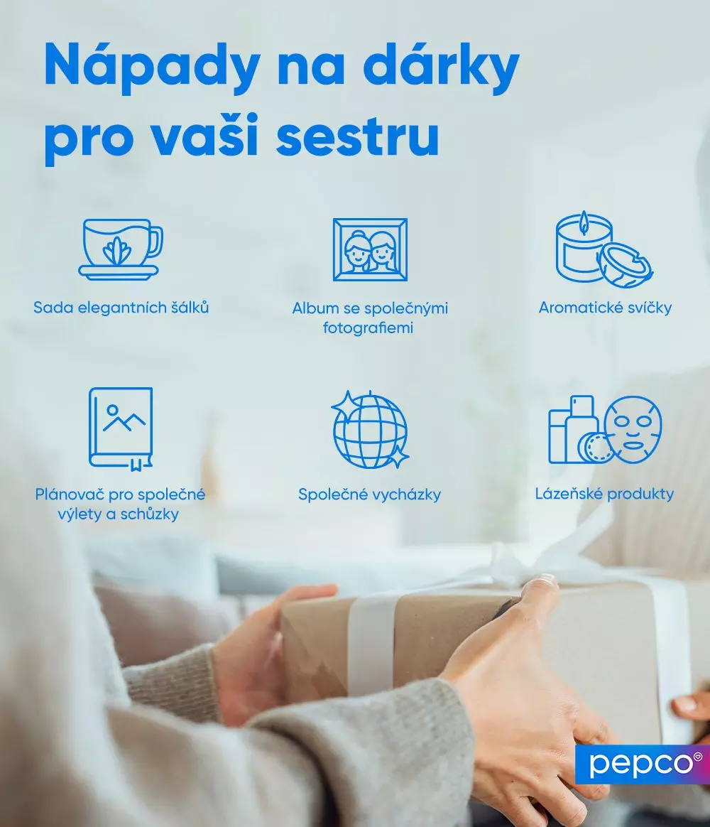Ruce držící dárkovou krabici s nápady na dárky pro sestru včetně šálků, fotoalba a lázeňských produktů od značky Pepco.