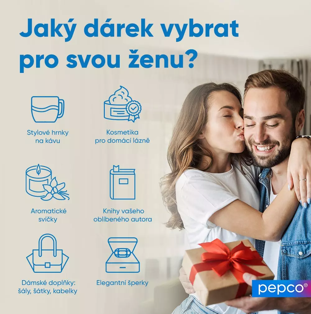 Reklamní obrázek Pepco s tipy na dárky pro ženu, včetně hrnků na kávu, kosmetiky a šperků, s párem a dárkem.