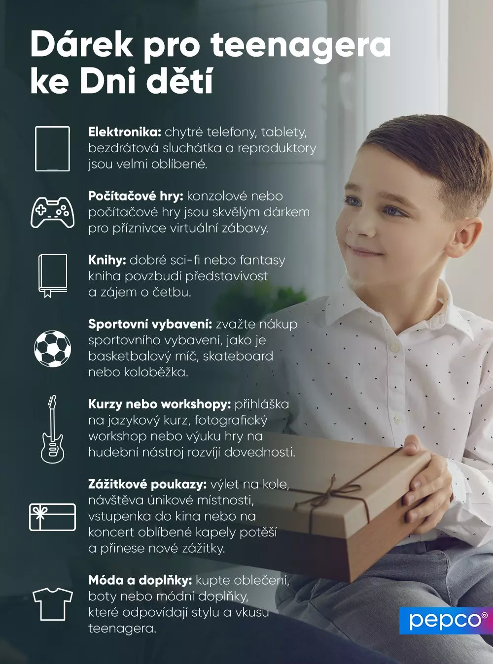 Chlapec držící dárkovou krabici s infografikou různých tipů na dárky pro teenagery ke Dni dětí od Pepco.