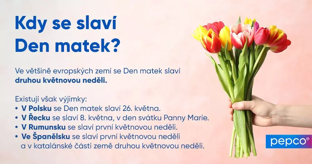 Barevná kytice tulipánů s informacemi o termínech Dne matek v různých evropských zemích od Pepco.