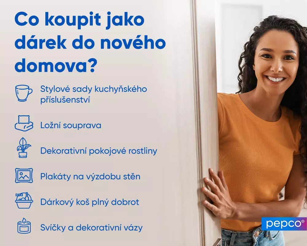 Grafika s tipy na dárky do nového domova včetně kuchyňského příslušenství, ložního prádla a dekorací od Pepco.