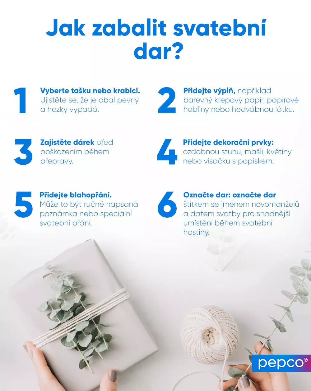 Infografika s šesti kroky jak zabalit svatební dar, dole ukázka zabaleného dárku s eukalyptem a provázkem.