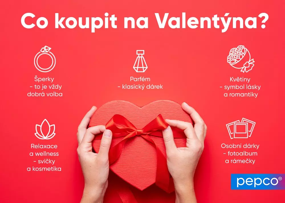 Ruce držící dárek ve tvaru srdce s tipy na valentýnské dárky: šperky, parfém, květiny, relaxační produkty a osobní dárky od Pepco.