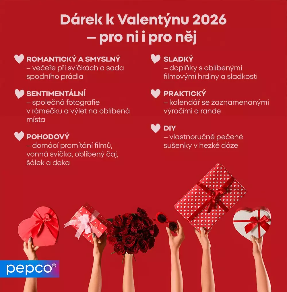 Reklamní plakát Pepco nabízející různé tipy na valentýnské dárky 2026, s rukama držícími krabičky, květiny a dárkové předměty na červeném pozadí.