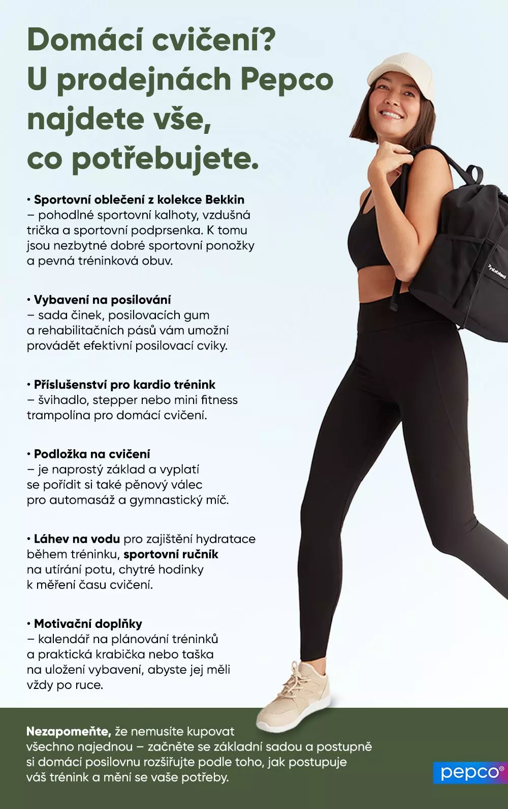 Žena ve sportovním oblečení s batohem nabízející vybavení pro domácí cvičení dostupné v prodejnách Pepco.