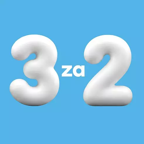 Pepco promocija 3 za 2 z belimi tridimenzionalnimi številkami na modrem ozadju.