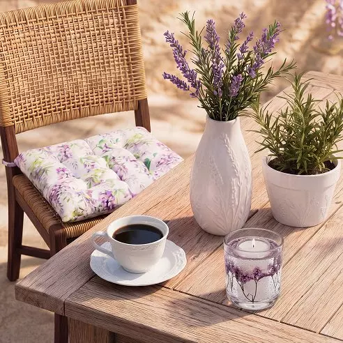 Pepco masă din lemn cu cafea, lavandă în vază albă, lumânare și scaun cu pernă florală.
