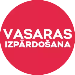 Pepco vasaras izpārdošanas reklāmas grafika ar baltu tekstu uz sarkana fona.