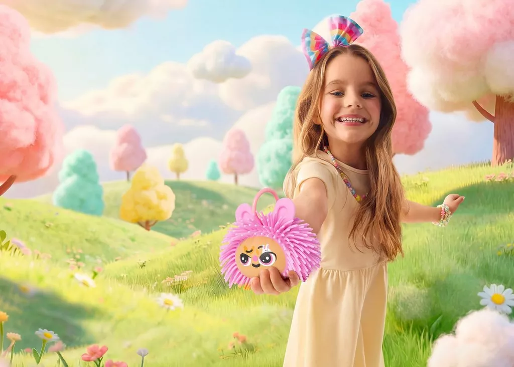 Pepco girl wearing rainbow bow headband holding pink fluffy toy in whimsical candy-colored landscape.